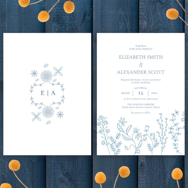 Elegant Simple Wildflower Periwinkle Wedding Invitation (Creator Uploaded)
