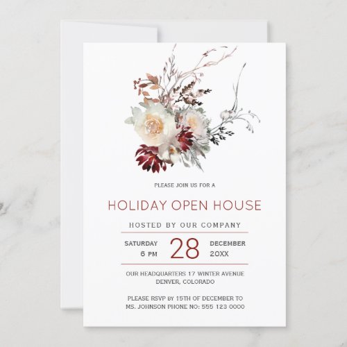 Elegant simple winter floral holiday open house invitation