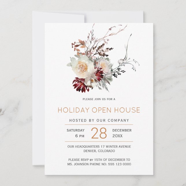 Elegant simple winter floral holiday open house invitation (Front)