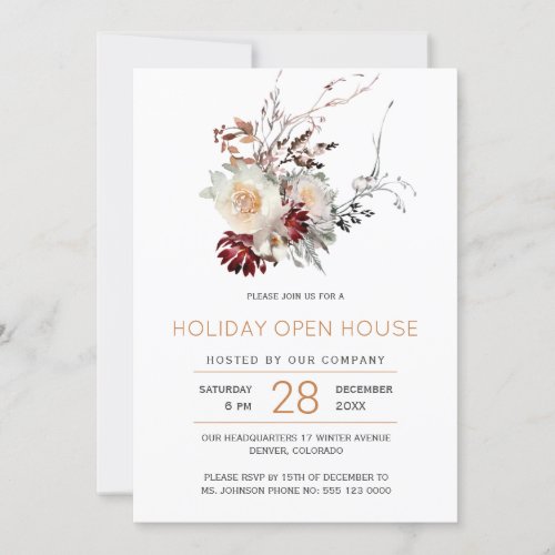 Elegant simple winter floral holiday open house invitation