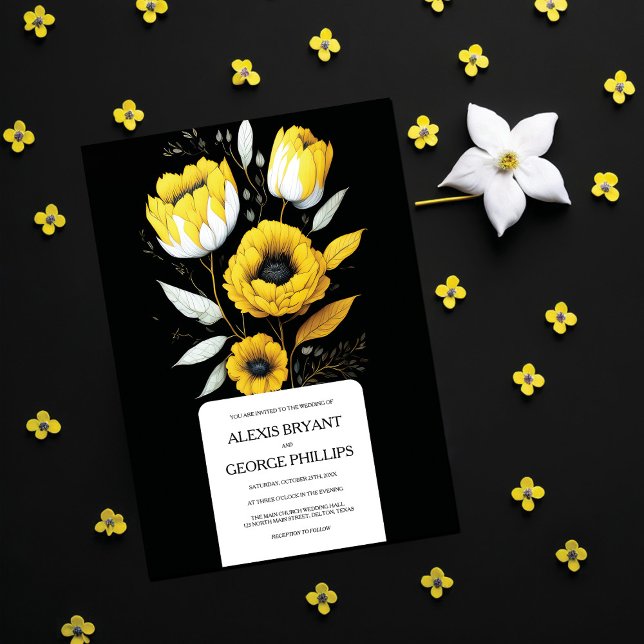 Elegant Simple Yellow White Black Flowers Wedding Invitation (Creator Uploaded)