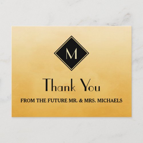 Elegant Simple Yellow With Gold Monogram Thank You Postcard