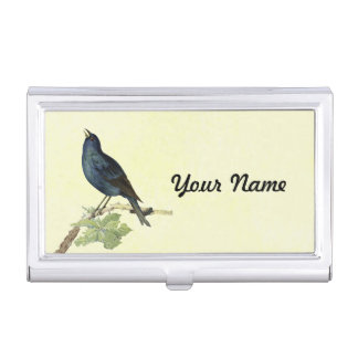 Elegant Singing Black Bird Caterpillar Branch Business Card Case