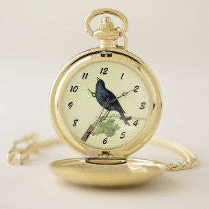 Elegant Singing Black Bird on Branch Caterpillar Pocket Watch