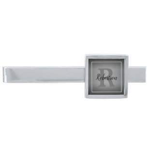 Elegant Single Letter Monogram with Name Silver Finish Tie Bar