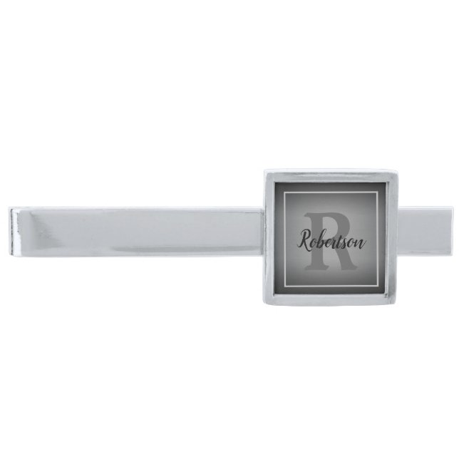 Elegant Single Letter Monogram with Name Silver Finish Tie Bar (Front)