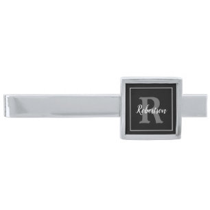 Elegant Single Letter Monogram with Name Silver Finish Tie Bar