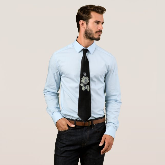 Elegant Single Silver Peony Flower Black Floral Neck Tie (In Situ)