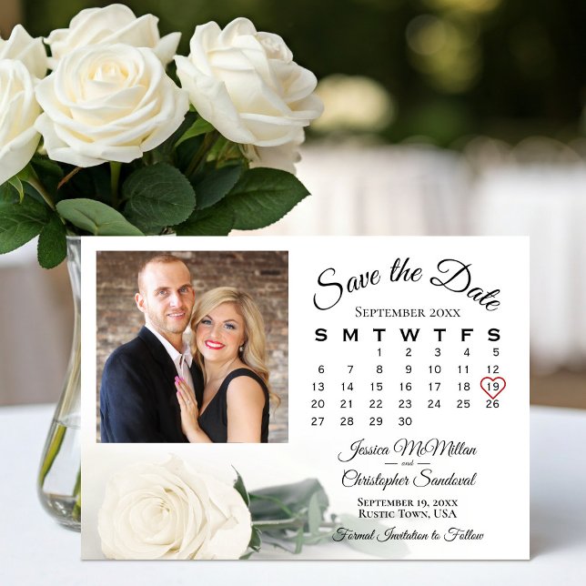 Elegant Single White Rose Wedding Calendar & Photo Save The Date (Creator Uploaded)