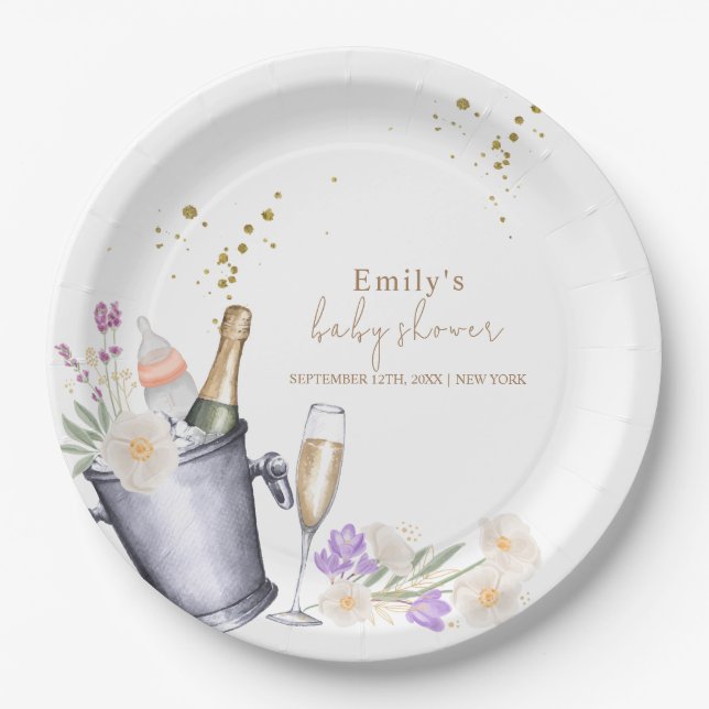 Elegant Sip & See Champagne Bottle Baby Shower Paper Plates (Front)