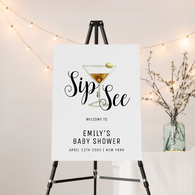 Elegant Sip & See Martini Baby Shower Welcome Sign (In Situ (Stand))