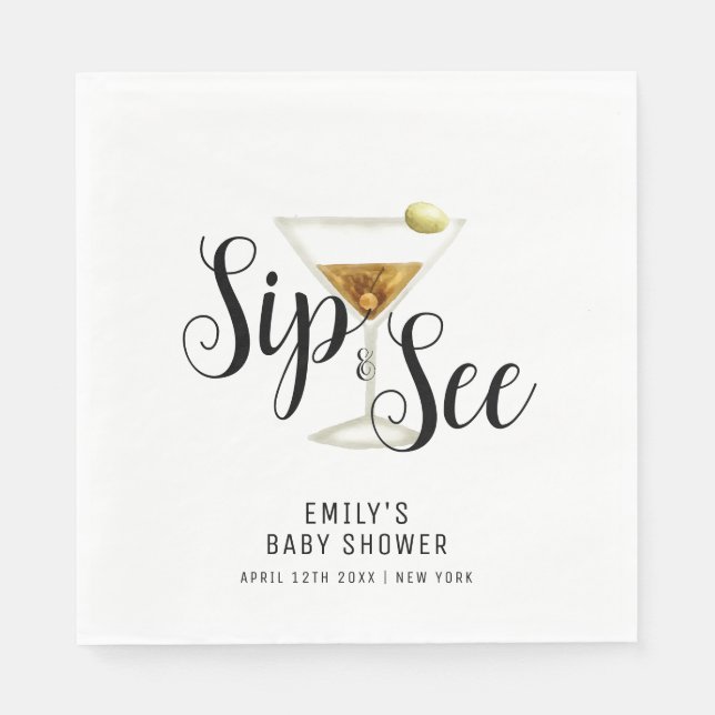Elegant Sip & See Martini Cocktail Baby Shower  Napkins (Front)