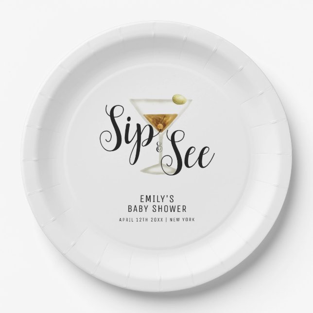 Elegant Sip & See Martini Cocktail Baby Shower  Paper Plates (Front)