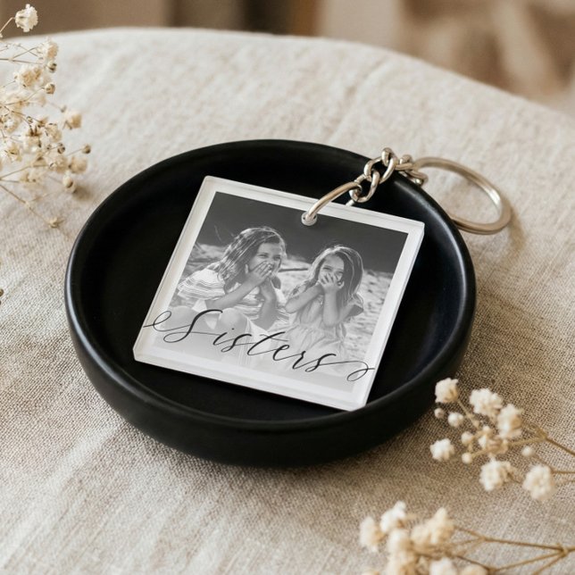 Elegant Sister Script Black & White Photo Keepsake Keychain (personalized sister gift, sister photo keychain, custom photo keychain, gift for sister, black and w)