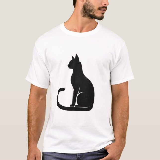Elegant Sitting Black Cat Silhouette T-Shirt (Front)
