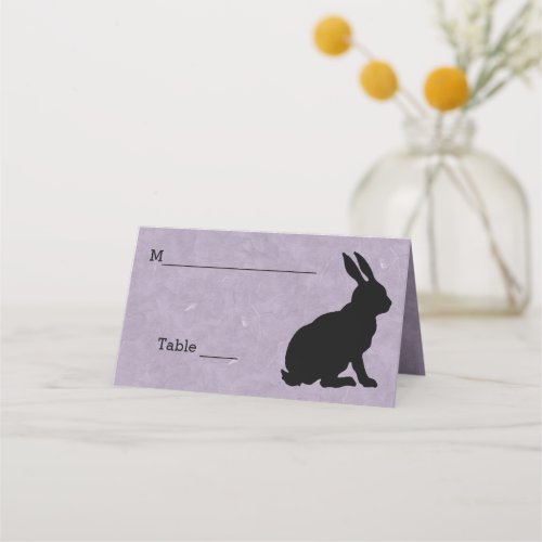 Elegant Sitting Rabbit in Black Silhouette Purple Place Card
