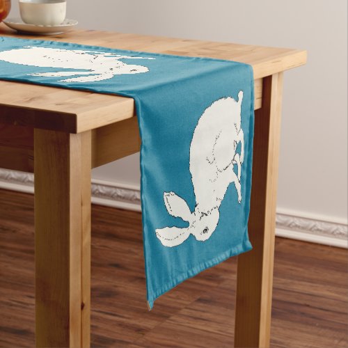 Elegant Sitting white Bunny Rabbit on Dark Blue Short Table Runner