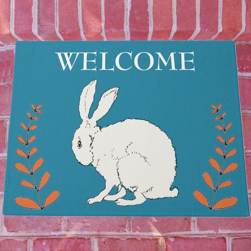 Elegant Sitting White Rabbit Orange Plants on Blue Doormat