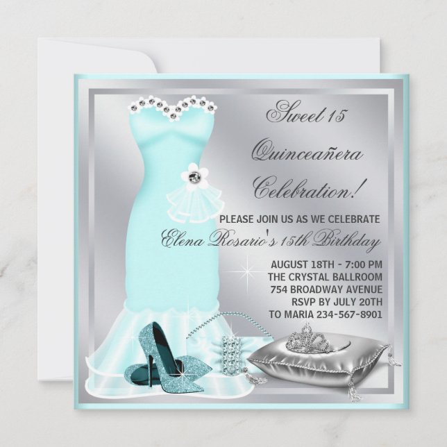 Elegant Sivler and Teal Blue Quinceanera Invitation (Front)