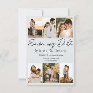 elegant six photos collage modern script grey save the date