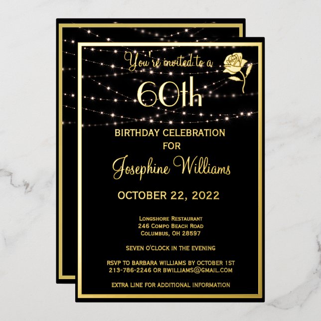 Elegant Sixty 60 Birthday Black REAL Gold   Foil Invitation (Front/Back)