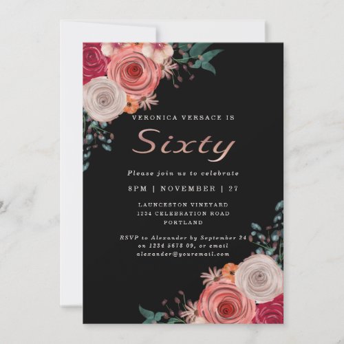 Elegant Sixty and fabulous coral rose birthday Invitation