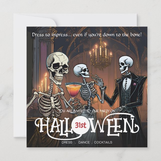 Elegant Skeleton Dress, Dance & Cocktail Halloween Invitation (Front)