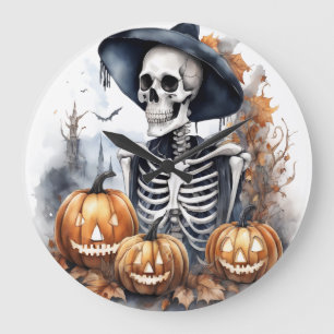 Elegant Skeleton Halloween Watercolor Large Clock