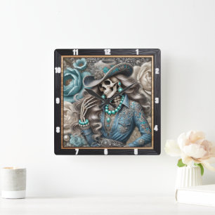 Elegant Skeleton Portrait Floral Background Square Wall Clock