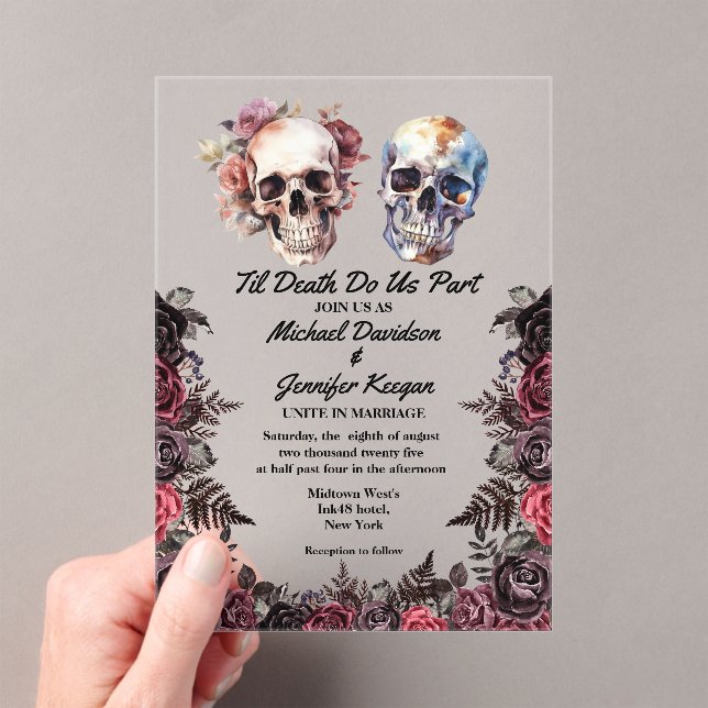 elegant skeletons floral gothic halloween wedding  acrylic invitations (Insitu (Handheld))