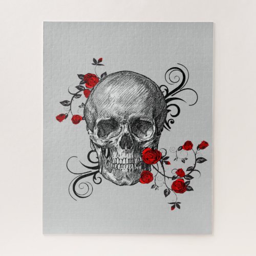 Elegant Sketch of Black Skull Red Roses  Swirls Jigsaw Puzzle