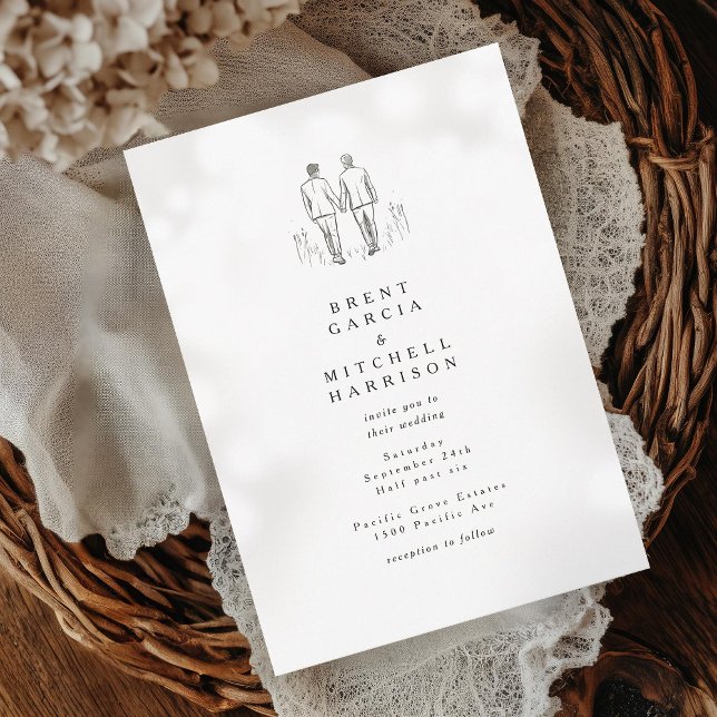 Elegant Sketch Two Grooms Gay Wedding Invitation (Creator Uploaded)