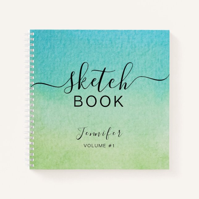 Elegant Sketchbook Your Name Script Blue Green Notebook (Front)