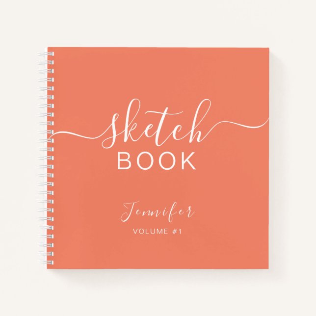 Elegant Sketchbook Your Name Script Coral Notebook (Front)