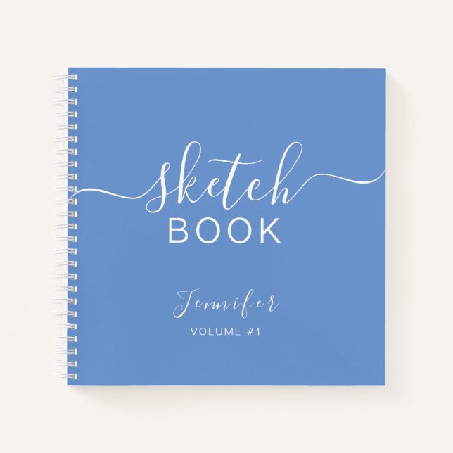 Elegant Sketchbook Your Name Script Dusty Blue Notebook (Front)