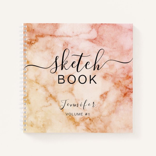 Elegant Sketchbook Your Name Script Marble Notebook (Front)