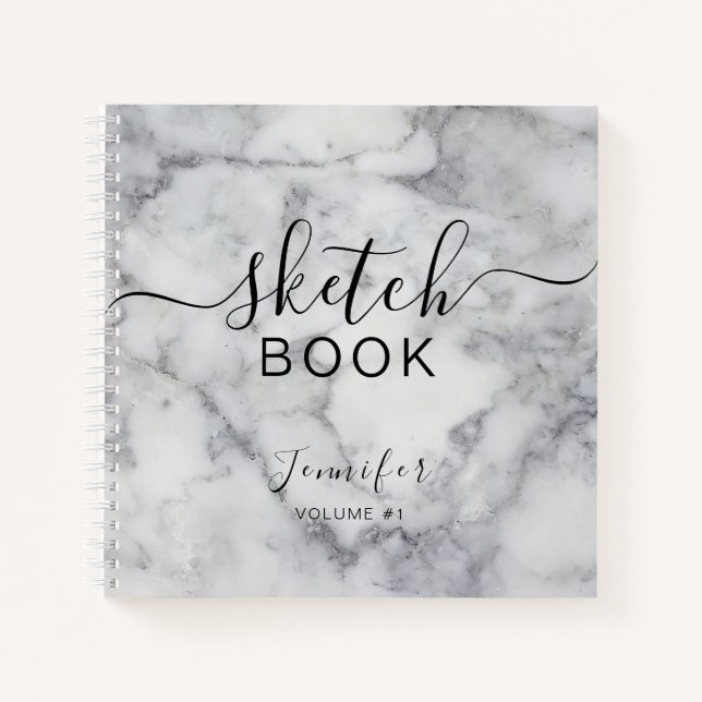Elegant Sketchbook Your Name Script Marble Notebook (Front)