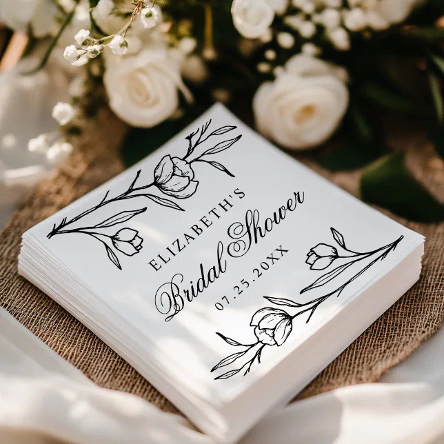 Elegant Sketched Black Floral Bridal Shower Napkins | Zazzle