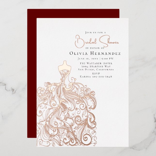Elegant Sketched Dress in Bridal Shower Foil Invitation (Front/Back)