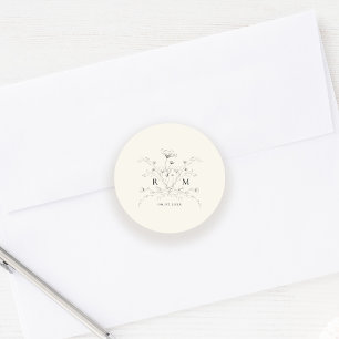 Elegant Sketched Floral Rustic Wedding Classic Round Sticker