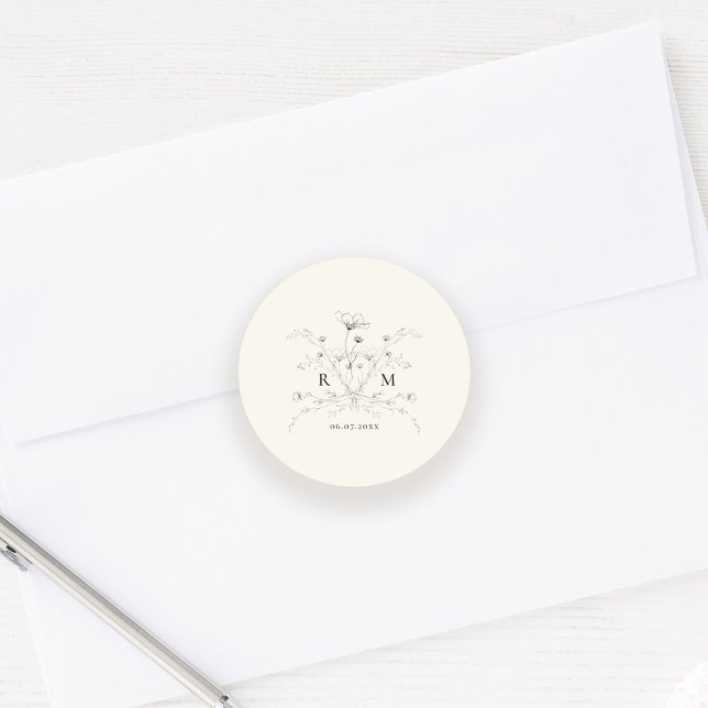 Elegant Sketched Floral Rustic Wedding Classic Round Sticker (Creator Uploaded)
