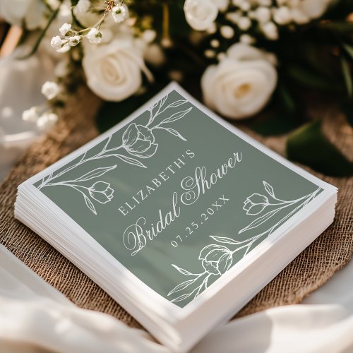 Elegant Sketched Floral Sage Green Bridal Shower Napkins