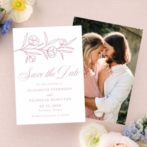 Elegant Sketched Floral Wedding Save the Date Letterpress Photo Cards