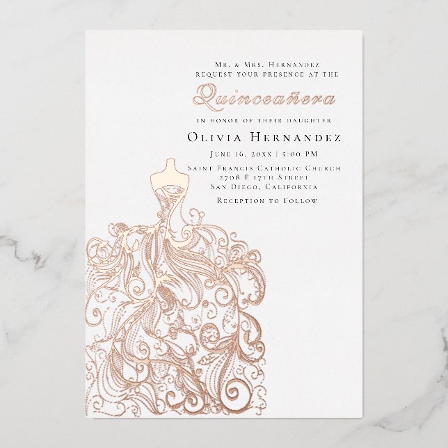 Elegant Sketched Quinceañera Dress Foil Invitation (Front)