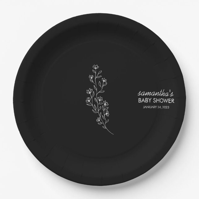 Elegant Sketchy Handdrawn Black Flower Paper Plates (Front)