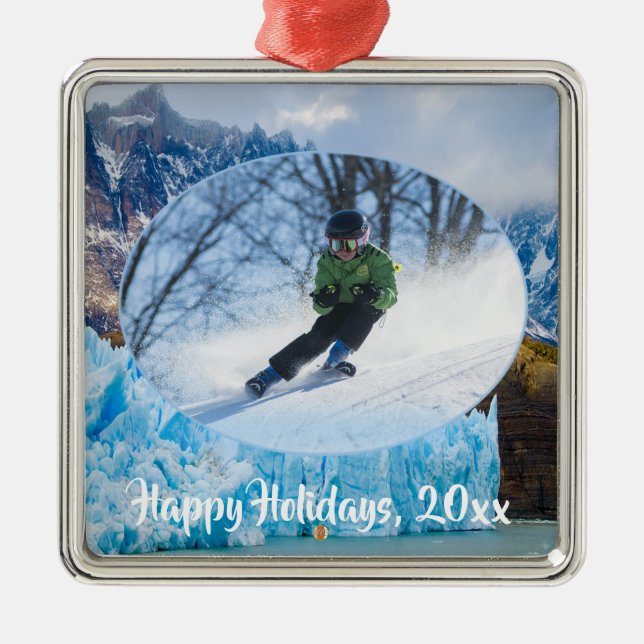 Elegant Skiing Moments in the Mountains Metal Ornament (Front)
