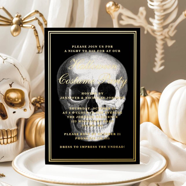 Elegant Skull Halloween Costume Party Gold Foil Invitation (Elegant Skull Halloween Costume Party Gold Foil Invitation)