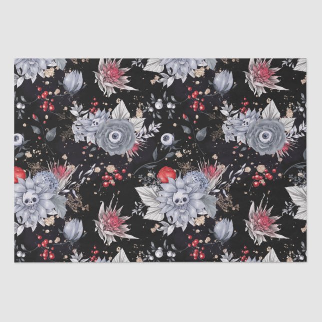 Elegant Skull Roses Coffin Silver Black  Tissue Paper (Front)