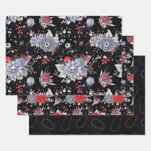 Elegant Skull Roses Coffin Silver Black  Wrapping Paper Sheets