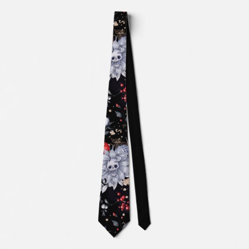 Elegant Skull Roses Silver Black  Neck Tie